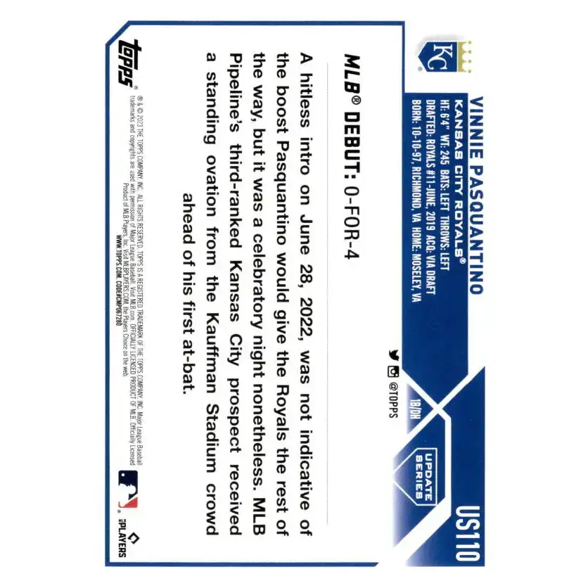 2023 Topps Update Series #US110 Vinnie Pasquantino NM-MT Kansas City Royals Baseball Card - Baseball Card