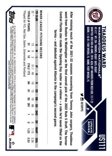 2023 Topps Update Series #US111 Thaddeus Ward NM-MT RC Rookie Nationals ID:67053 - Baseball Card Single
