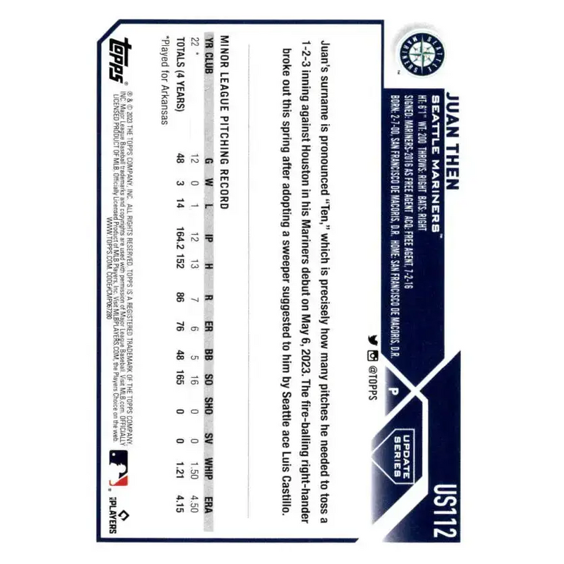 2023 Topps Update Series #US112 Juan Then NM-MT RC Rookie Seattle Mariners Baseball Card - Baseball Card Single