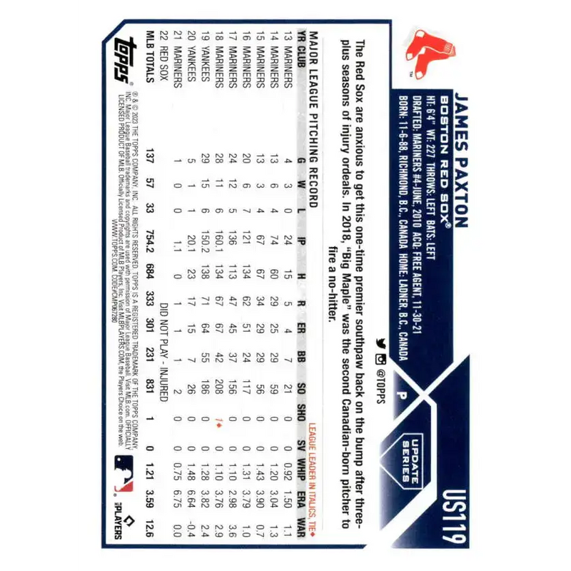 2023 Topps Update Series #US119 James Paxton NM-MT Boston Red Sox Baseball Card