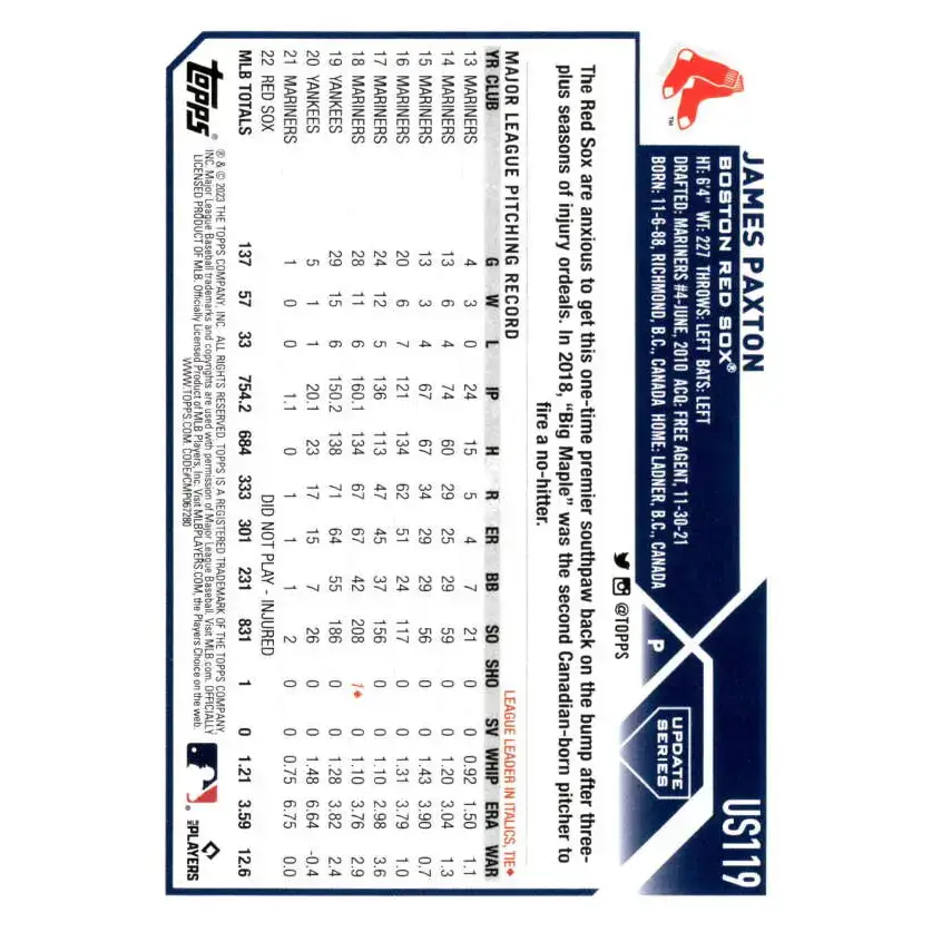 2023 Topps Update Series #US119 James Paxton NM-MT Boston Red Sox Baseball Card - Baseball Card Single