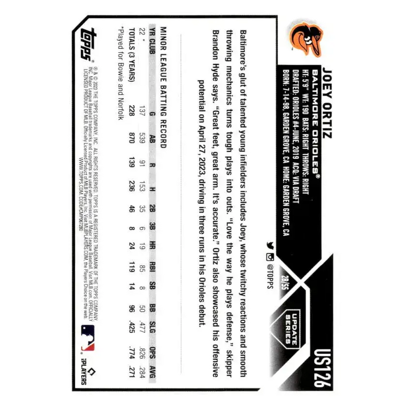 2023 Topps Update Series #US126 Joey Ortiz NM-MT RC Rookie Baltimore Orioles Baseball Card - Baseball Card Single