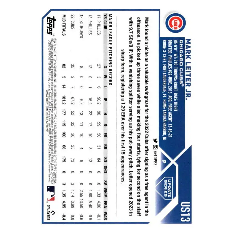2023 Topps Update Series #US13 Mark Leiter Jr. NM-MT Chicago Cubs Baseball Card - Baseball Card Single