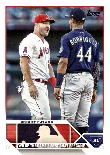 Original gloss Baseball trading card from Topps Update Series featuring Mike Trout and Julio Rodriguez