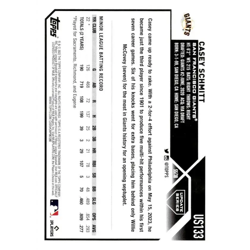2023 Topps Update Series #US133 Casey Schmitt NM-MT RC Rookie San Francisco Giants Baseball Card - Baseball Card
