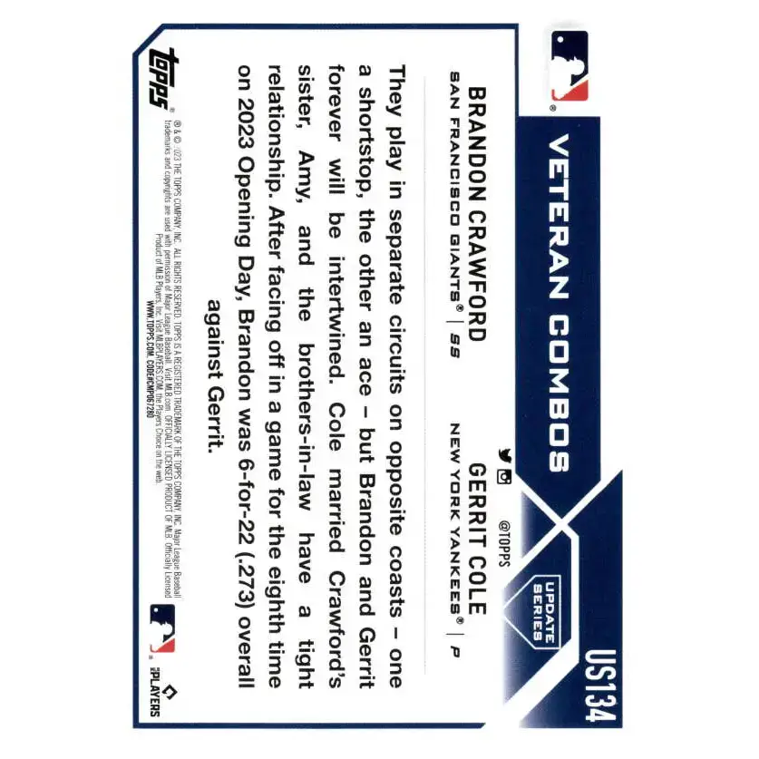 2023 Topps Update Series #US134 Gerrit Cole/Brandon Crawford NM-MT New York Yankees Baseball Card - Baseball Card