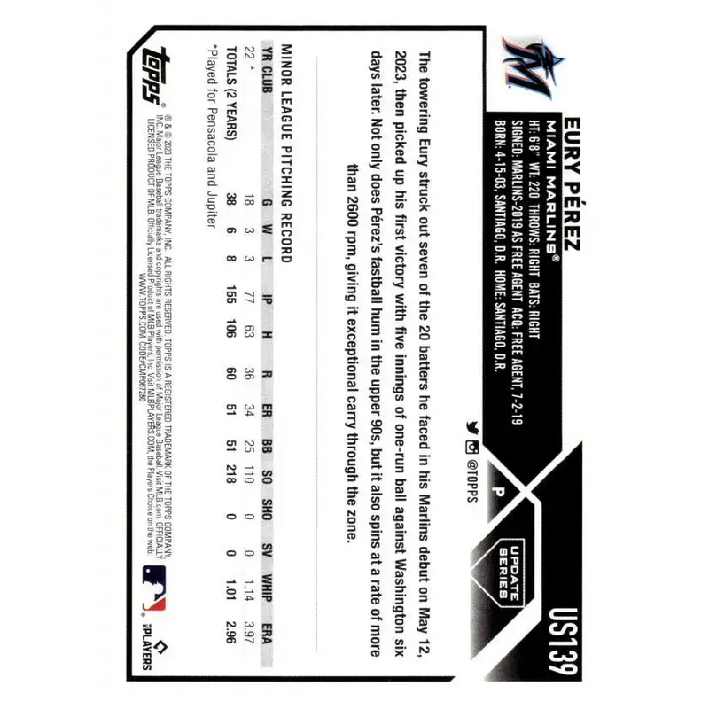 2023 Topps Update Series #US139 Eury Perez NM-MT RC Rookie Miami Marlins Baseball Card - Baseball Card Single