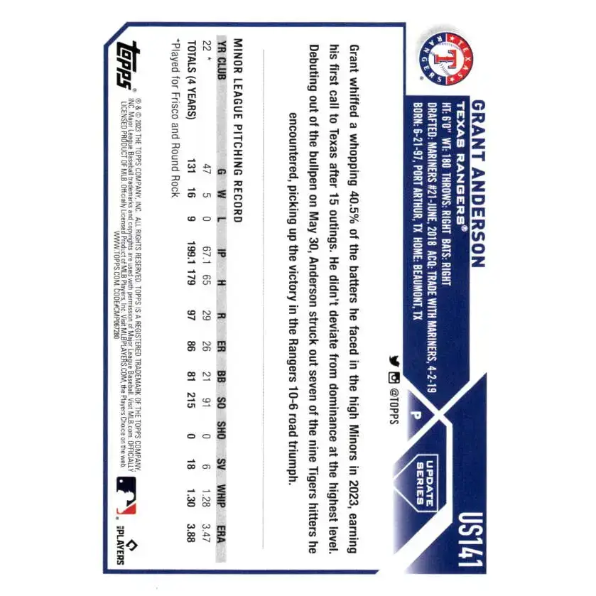 2023 Topps Update Series #US141 Grant Anderson NM-MT RC Rookie Texas Rangers Baseball Card - Baseball Card