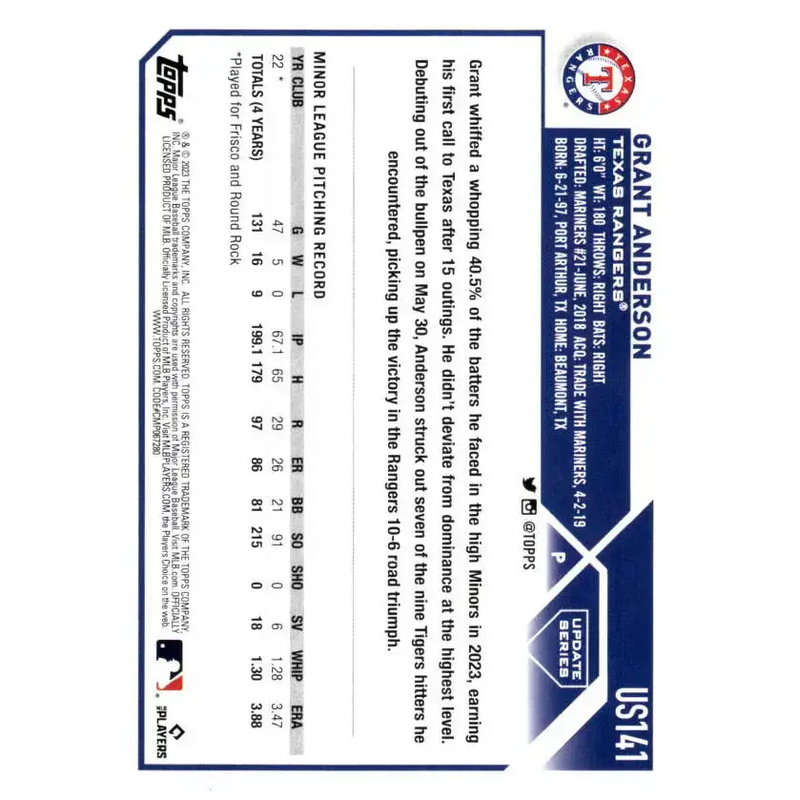 2023 Topps Update Series #US141 Grant Anderson NM-MT RC Rookie Texas Rangers Baseball Card - Baseball Card Single