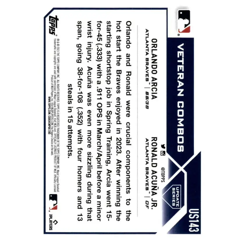 2023 Topps Update Series #US143 Ronald Acuna Jr./Orlando Arcia NM-MT Atlanta Braves Baseball Card - Baseball Card