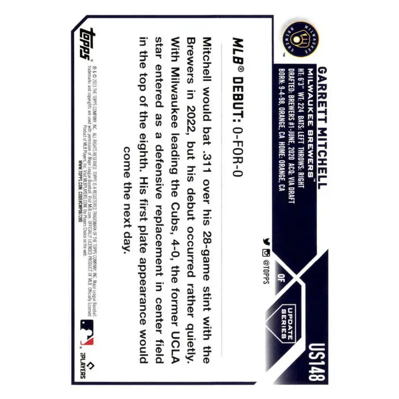 2023 Topps Update Series #US148 Garrett Mitchell NM-MT Milwaukee Brewers Baseball Card - Baseball Card Single