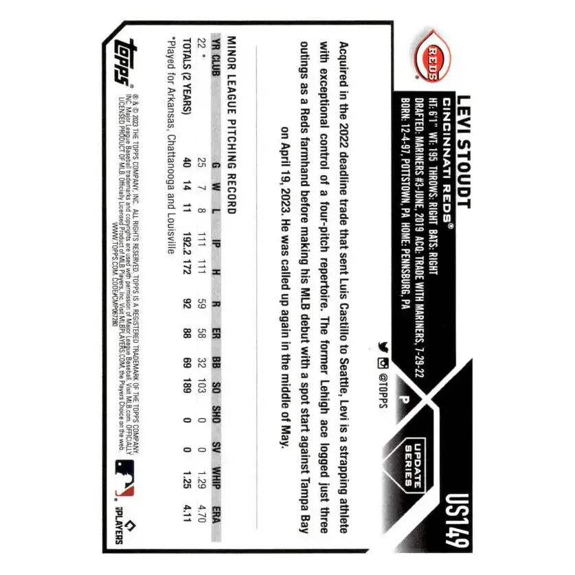 2023 Topps Update Series #US149 Levi Stoudt NM-MT RC Rookie Cincinnati Reds Baseball Card - Baseball Card