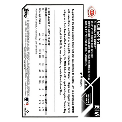2023 Topps Update Series #US149 Levi Stoudt NM-MT RC Rookie Cincinnati Reds Baseball Card - Baseball Card
