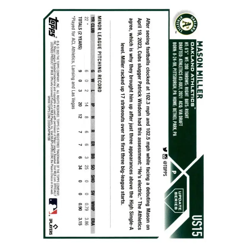 2023 Topps Update Series #US15 Mason Miller NM-MT RC Rookie Oakland Athletics Baseball Card - Baseball Card