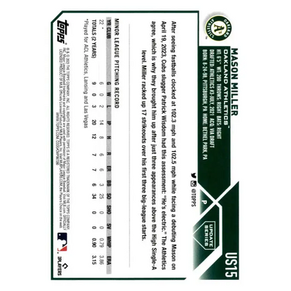 2023 Topps Update Series #US15 Mason Miller NM-MT RC Rookie Oakland Athletics Baseball Card - Baseball Card