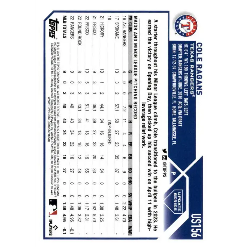2023 Topps Update Series #US156 Cole Ragans NM-MT RC Rookie Texas Rangers Baseball Card - Baseball Card Single