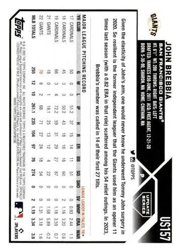 2023 Topps Update Series #US157 John Brebbia NM-MT Giants ID:73873 - Baseball Card Single