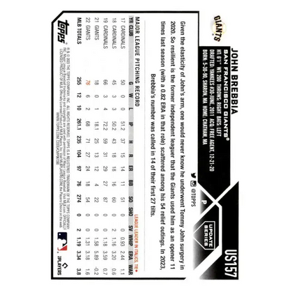 2023 Topps Update Series #US157 John Brebbia NM-MT San Francisco Giants Baseball Card - Baseball Card