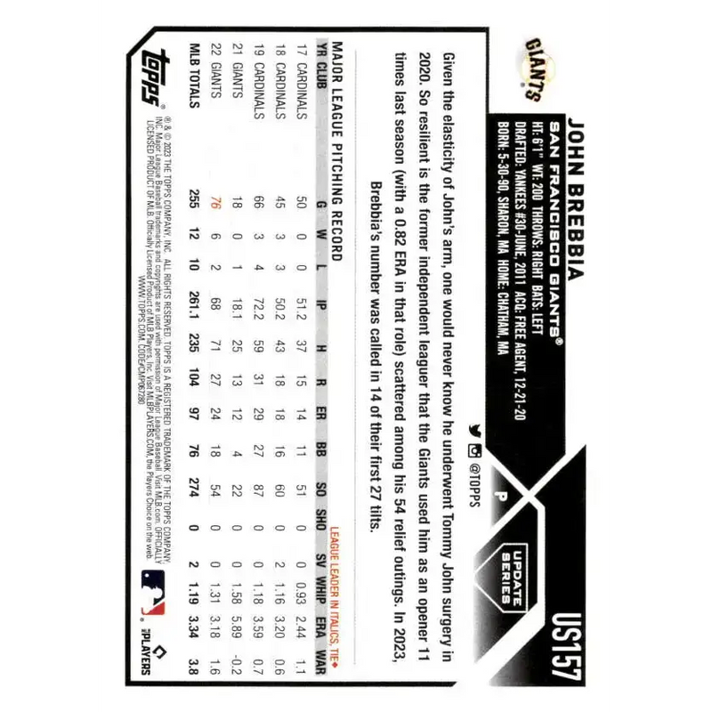 2023 Topps Update Series #US157 John Brebbia NM-MT San Francisco Giants Baseball Card - Baseball Card Single