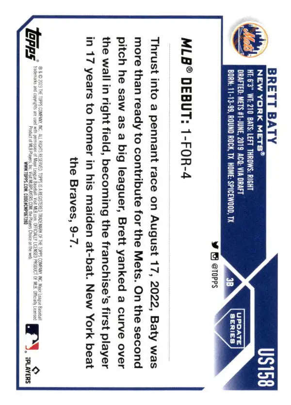 2023 Topps Update Series #US158 Brett Baty NM-MT Mets Rookie Debut ID:81182 - Baseball Card Single