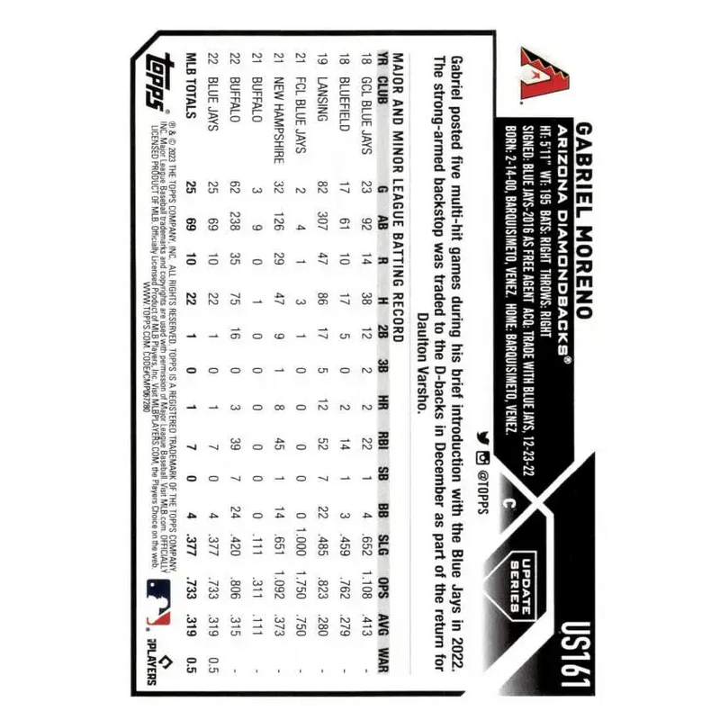 2023 Topps Update Series #US161 Gabriel Moreno NM-MT RC Rookie Arizona Diamondbacks Baseball Card - Baseball Card Single