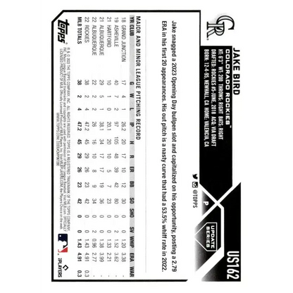 2023 Topps Update Series #US162 Jake Bird NM-MT RC Rookie Colorado Rockies Baseball Card - Baseball Card
