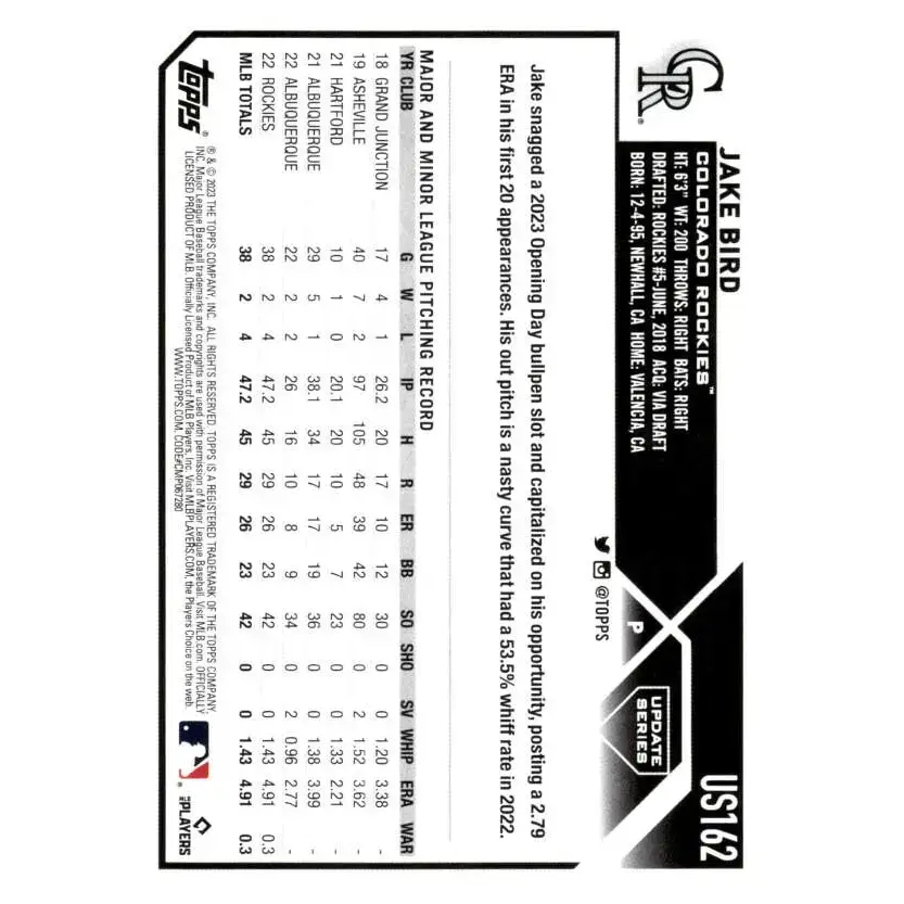 2023 Topps Update Series #US162 Jake Bird NM-MT RC Rookie Colorado Rockies Baseball Card - Baseball Card Single