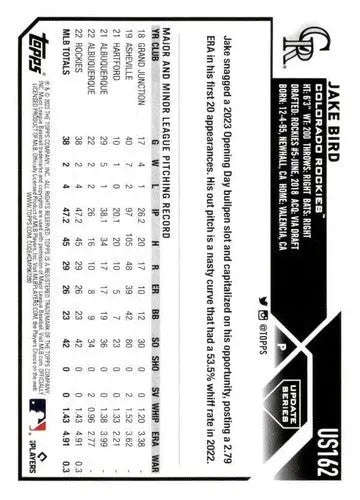 2023 Topps Update Series US162 Jake Bird rookie baseball card with original gloss
