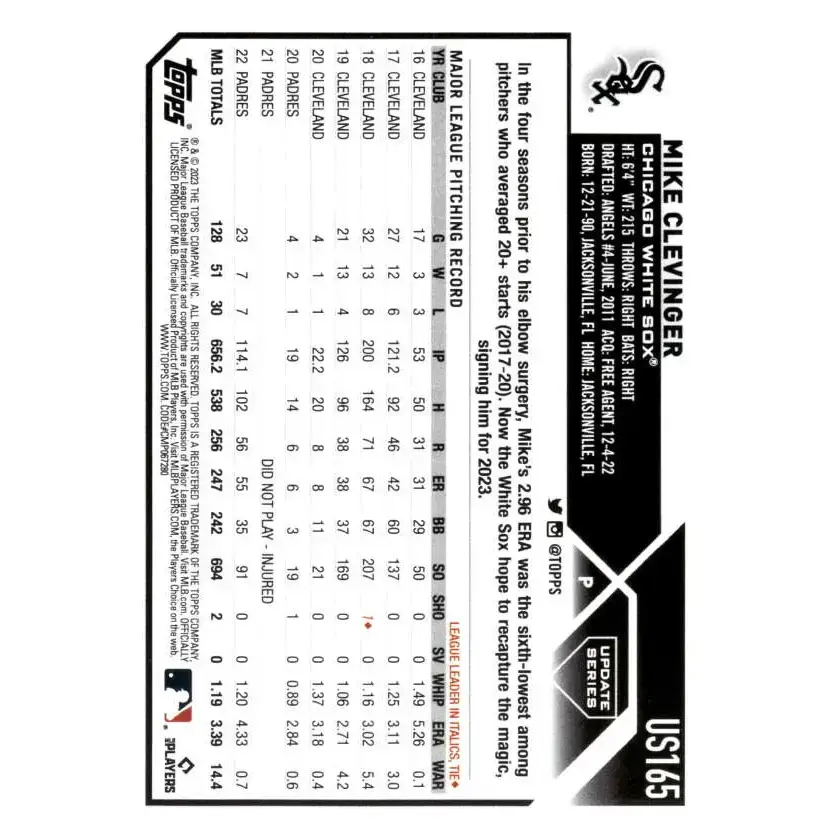 2023 Topps Update Series #US165 Mike Clevinger NM-MT Chicago White Sox Baseball Card - Baseball Card