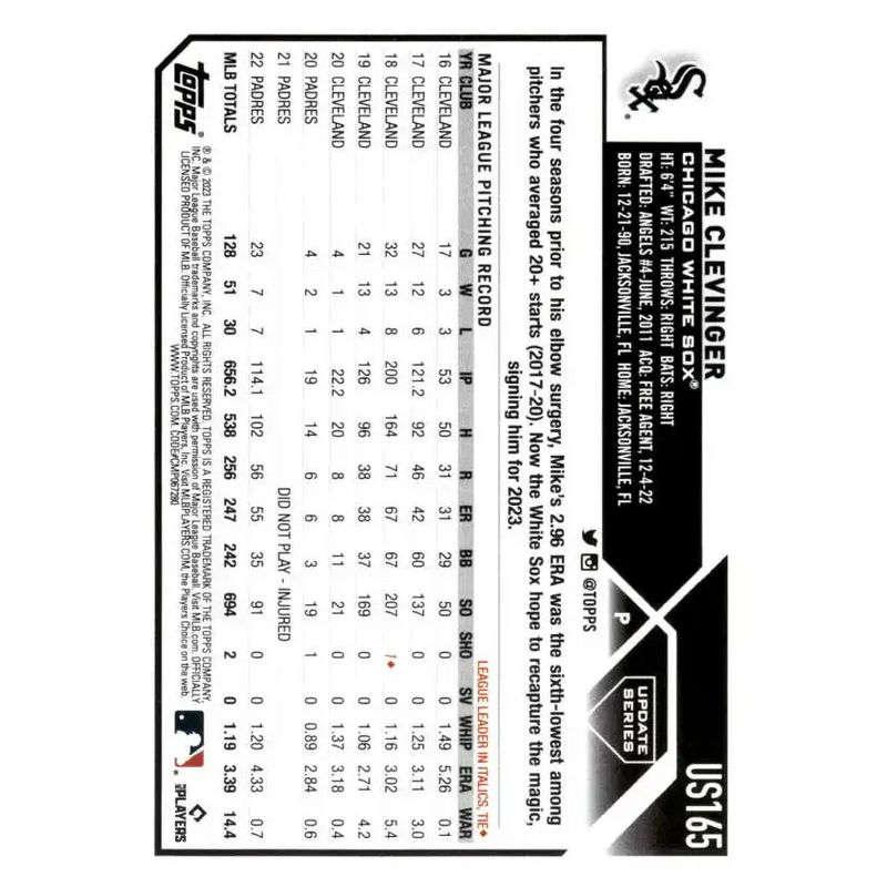 2023 Topps Update Series #US165 Mike Clevinger NM-MT Chicago White Sox Baseball Card - Baseball Card Single