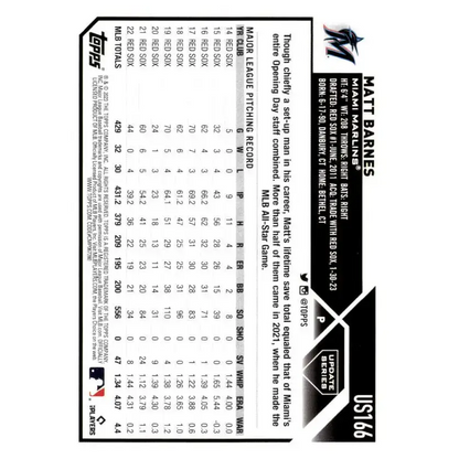 2023 Topps Update Series #US166 Matt Barnes NM-MT Miami Marlins Baseball Card - Baseball Card