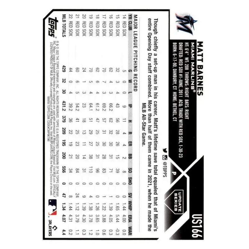 2023 Topps Update Series #US166 Matt Barnes NM-MT Miami Marlins Baseball Card - Baseball Card Single