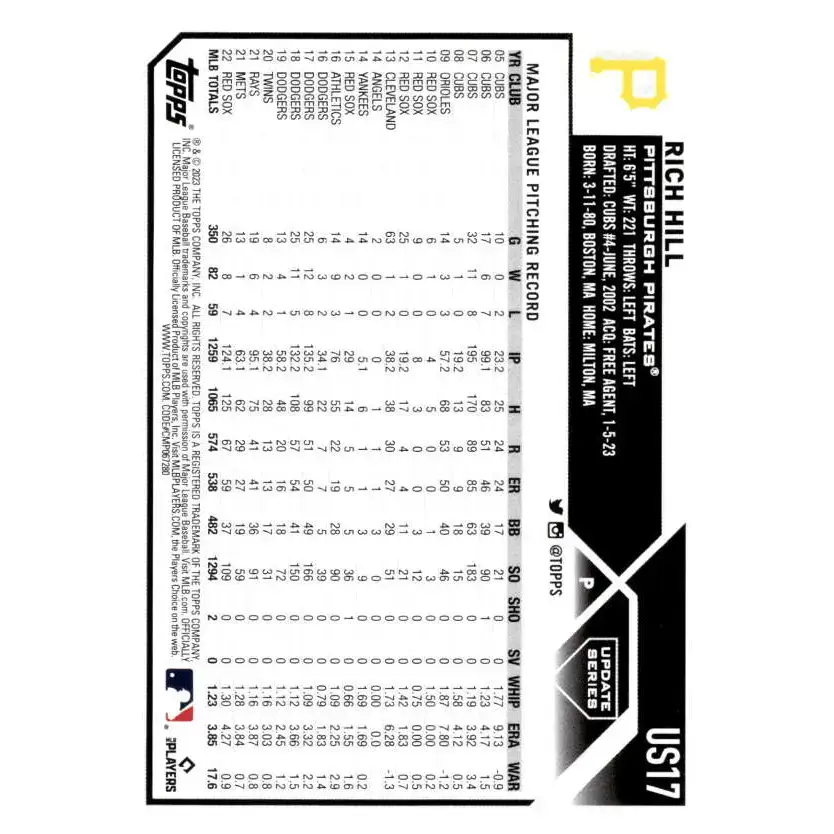 2023 Topps Update Series #US17 Rich Hill NM-MT Pittsburgh Pirates Baseball Card - Baseball Card