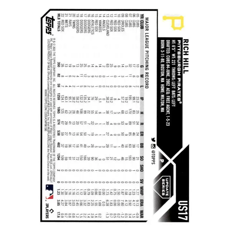 2023 Topps Update Series #US17 Rich Hill NM-MT Pittsburgh Pirates Baseball Card