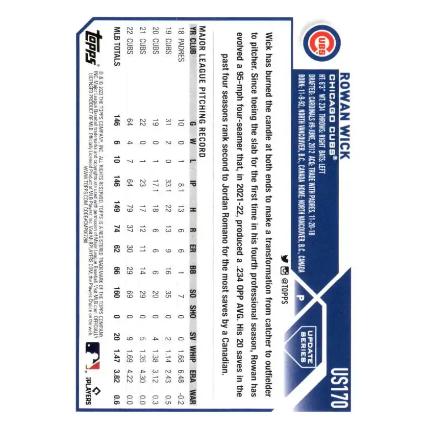 2023 Topps Update Series #US170 Rowan Wick NM-MT Chicago Cubs Baseball Card - Baseball Card
