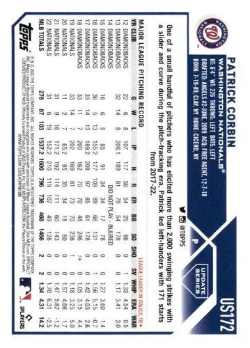 2023 Topps Update Series US172 Patrick Corbin baseball card with original gloss near mint