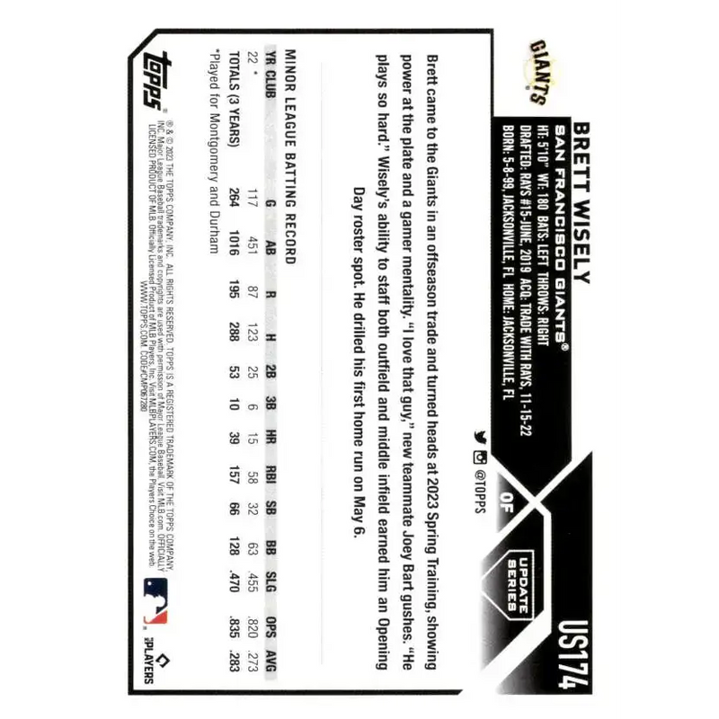 2023 Topps Update Series #US174 Brett Wisely NM-MT RC Rookie San Francisco Giants Baseball Card - Baseball Card Single