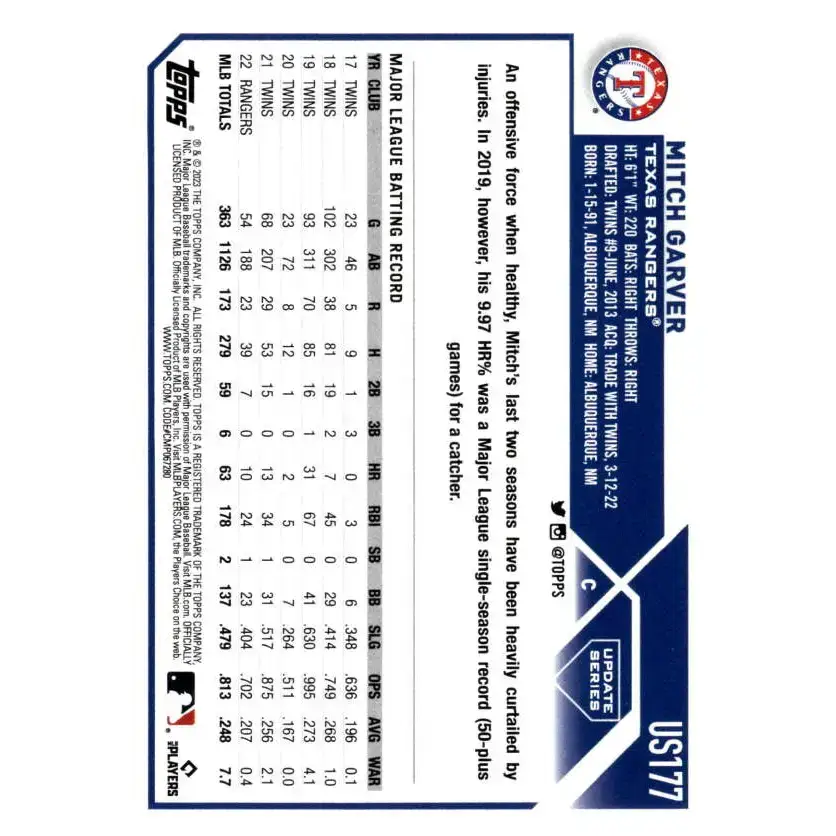 2023 Topps Update Series #US177 Mitch Garver NM-MT Texas Rangers Baseball Card - Baseball Card
