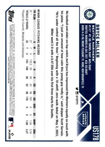 2023 Topps Update Series #US178 Bryce Miller NM-MT RC Rookie Mariners ID:63474 - Baseball Card Single
