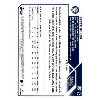 2023 Topps Update Series #US178 Bryce Miller NM-MT RC Rookie Seattle Mariners Baseball Card - Baseball Card