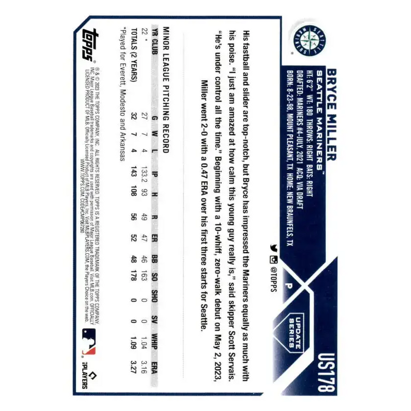 2023 Topps Update Series #US178 Bryce Miller NM-MT RC Rookie Seattle Mariners Baseball Card - Baseball Card Single