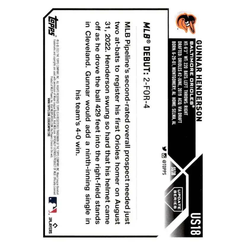 2023 Topps Update Series #US18 Gunnar Henderson NM-MT Baltimore Orioles Baseball Card