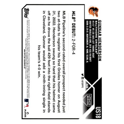 2023 Topps Update Series #US18 Gunnar Henderson NM-MT Baltimore Orioles Baseball Card