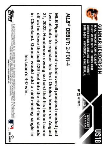 2023 Topps Update Series #US18 Gunnar Henderson NM Near Mint Orioles Ro ID:65636 - Baseball Card Single