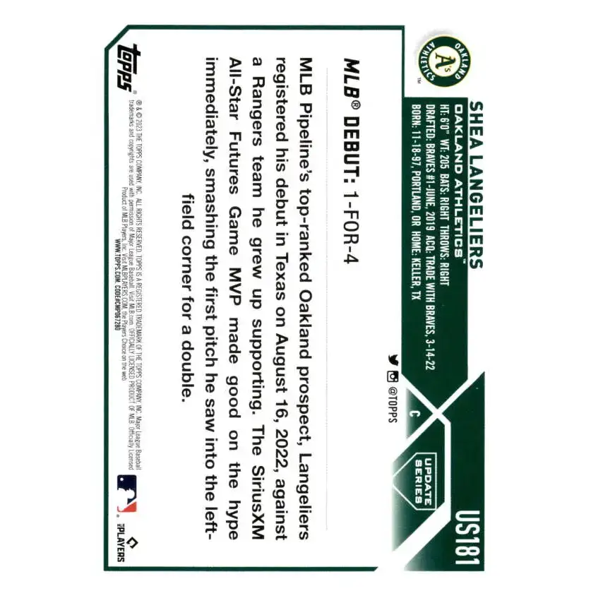 2023 Topps Update Series #US181 Shea Langeliers NM-MT Oakland Athletics Baseball Card - Baseball Card