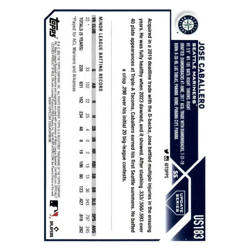 2023 Topps Update Series #US183 Jose Caballero NM-MT RC Rookie Seattle Mariners Baseball Card - Baseball Card Single