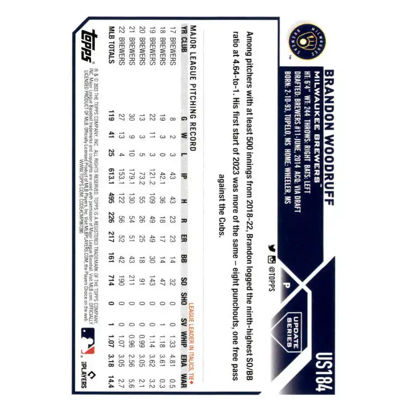 2023 Topps Update Series #US184 Brandon Woodruff NM-MT Milwaukee Brewers Baseball Card - Baseball Card Single