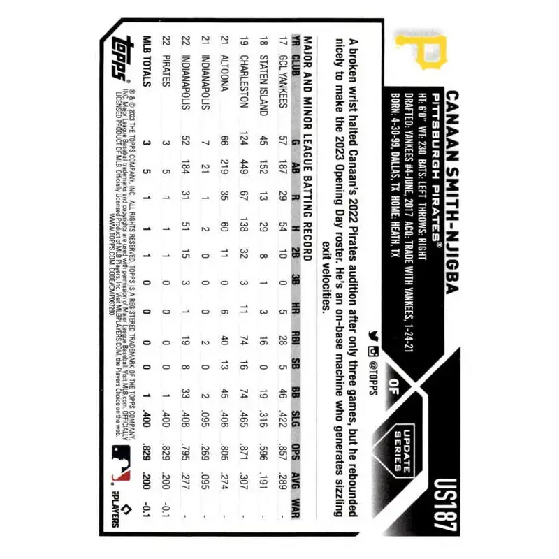 2023 Topps Update Series #US187 Canaan Smith-Njigba NM-MT RC Rookie Pittsburgh Pirates Baseball Card