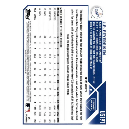 2023 Topps Update Series #US191 J.P. Feyereisen NM-MT Los Angeles Dodgers Baseball Card - Baseball Card