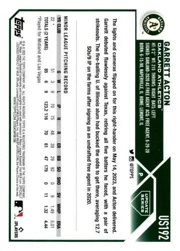 Baseball card back with original gloss for 2023 Topps Update Series US192 Garrett Acton Rookie Athletics